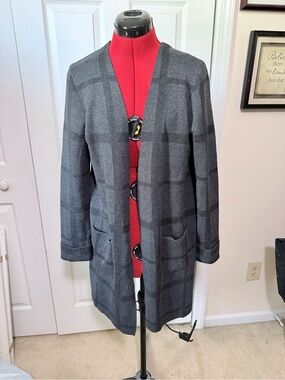 Apt. 9 Dark Gray Plaid Open-Front Long Cardigan Coat